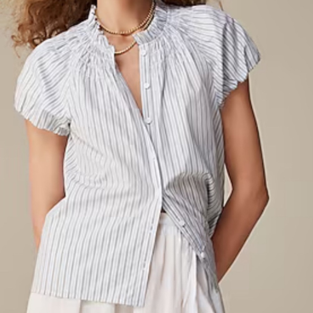 J. Crew Crew Smocked-neck Top in Striped Cotton Poplin Size XS